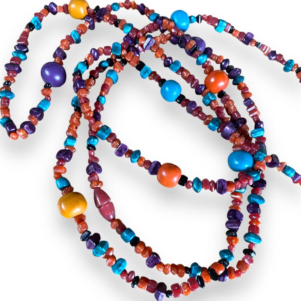 Vntg Avon Faux Stone Necklace 60” Long Multi Color Barrel Clasp Hippie Boho